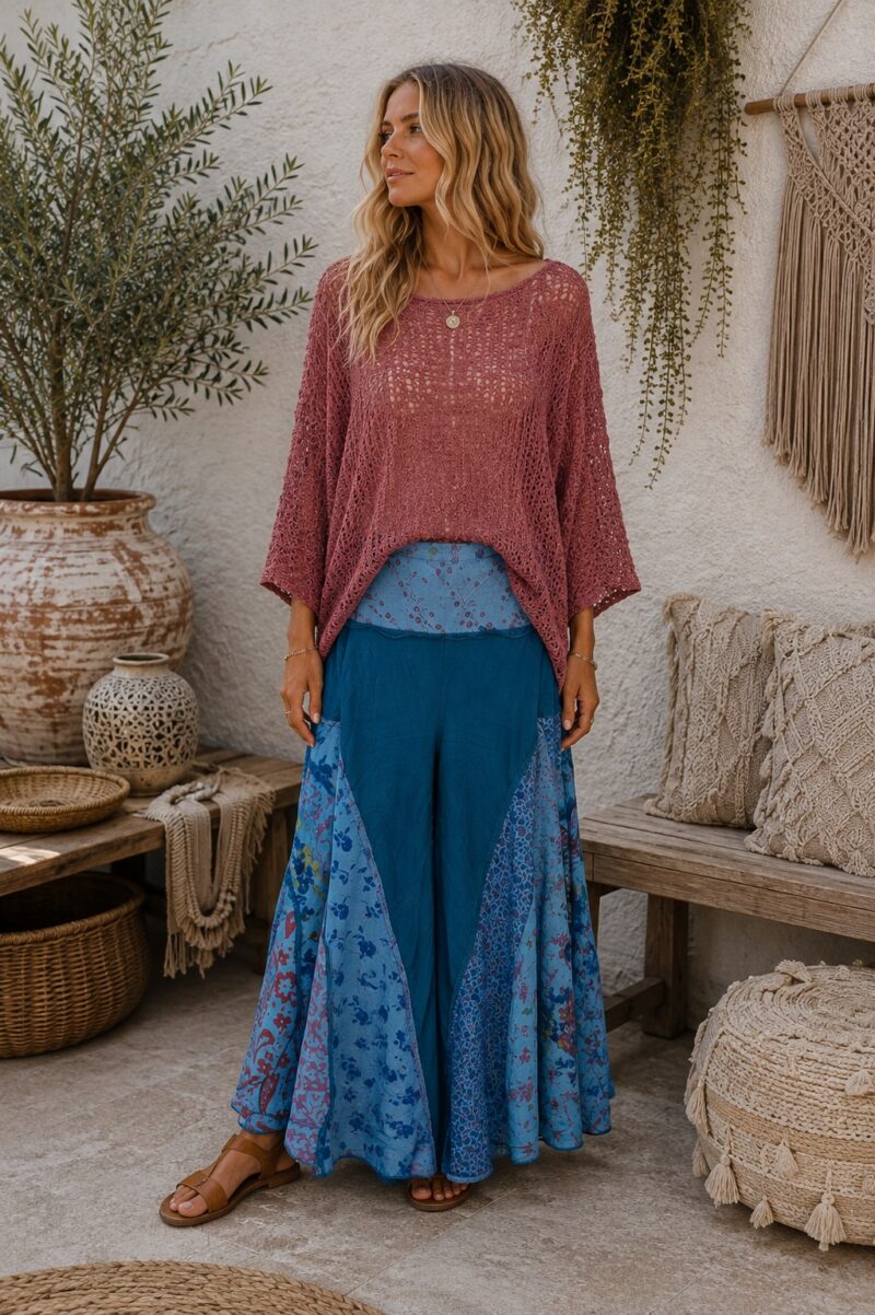 Boho Gypsy Raw Edge Patchwork Pants- Blue Petrol