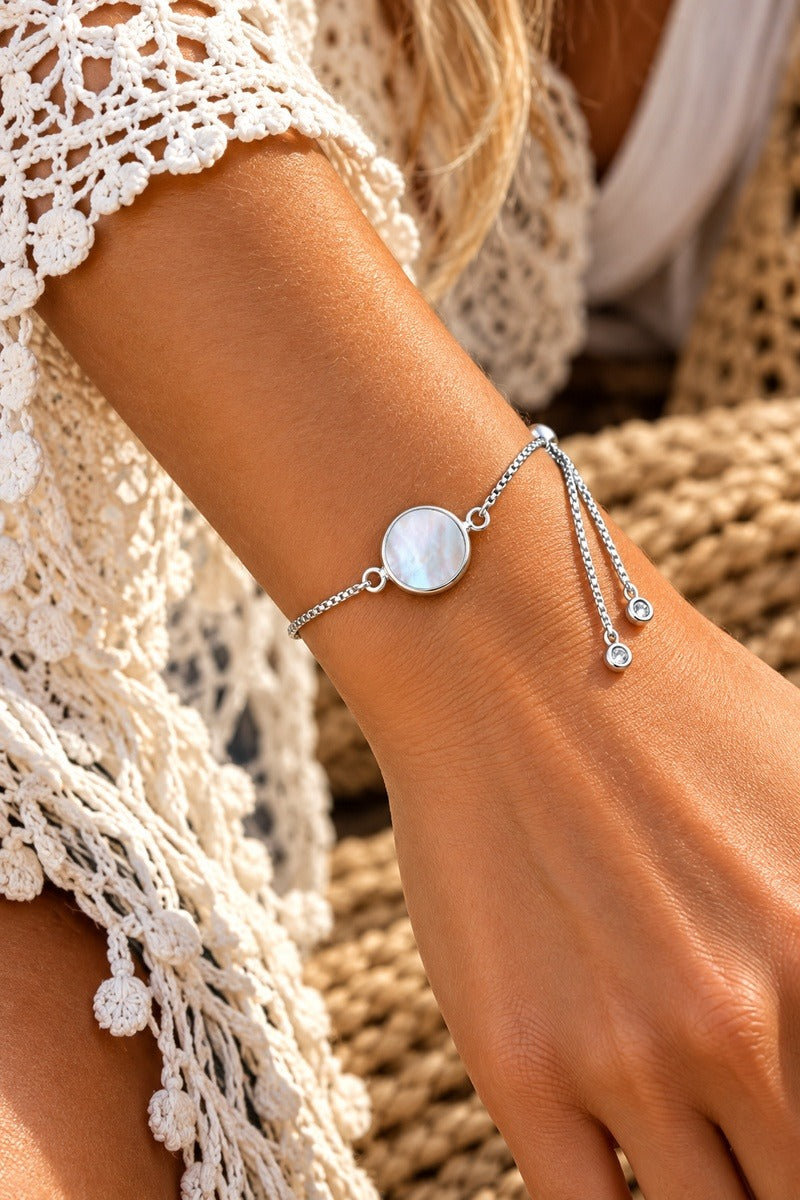 Ocean Reflections Shell White Silver Adjustable Bracelet