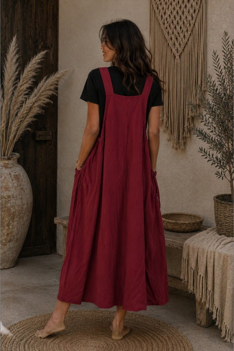 Nomad Wanderer Cotton Pinafore Dress: Deep Red