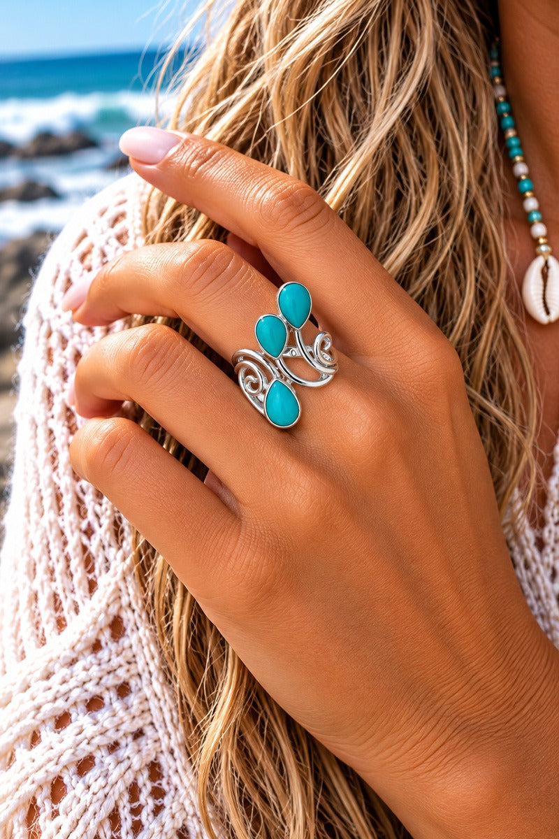 Bohemian Swirls Turquoise Silver Plated Adjustable Ring