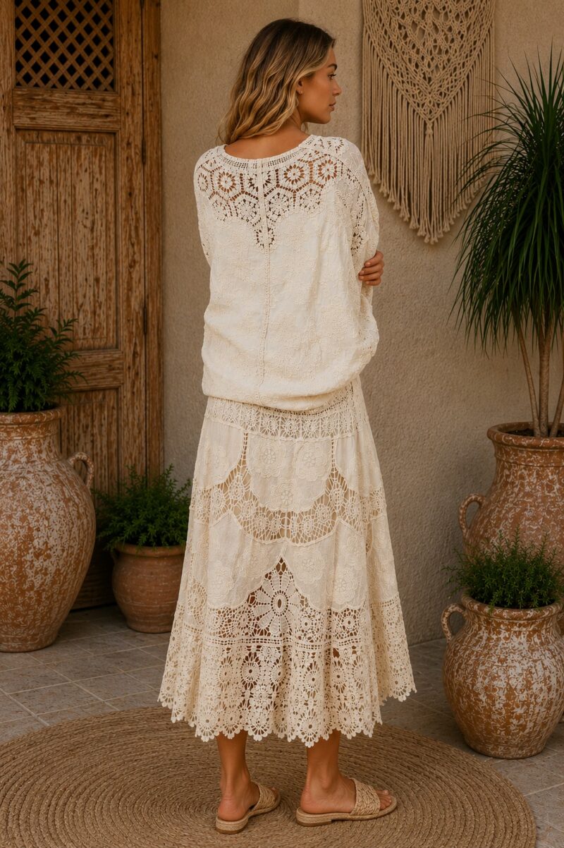 Bohemian Cotton Lace Maxi Skirt Natural