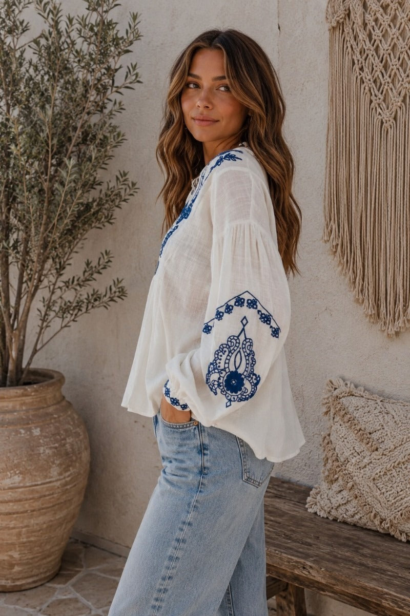 Santorini Breeze Cotton Blouse