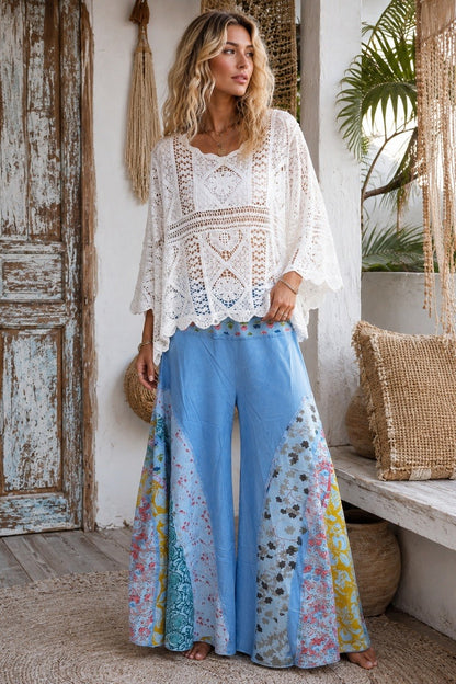 Boho Gypsy Raw Edge Patchwork Pants- Blue