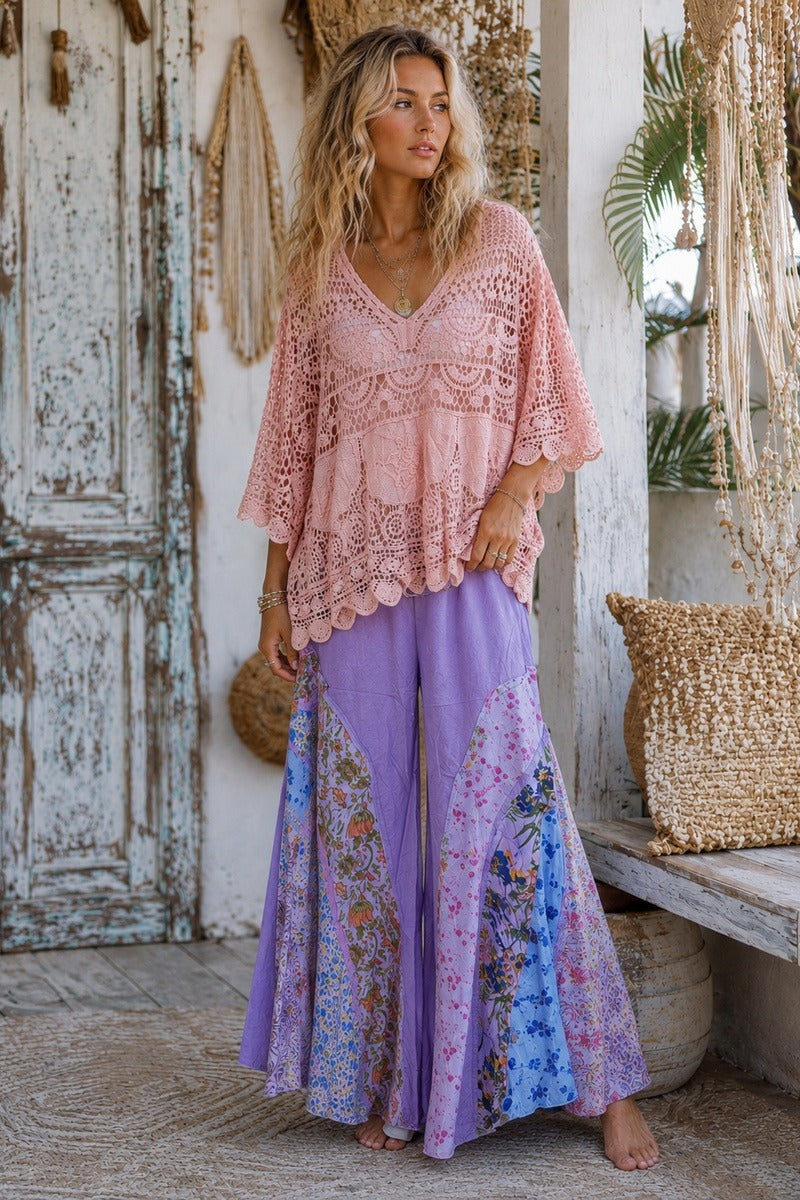 Boho Gypsy Raw Edge Patchwork Pants- Purple