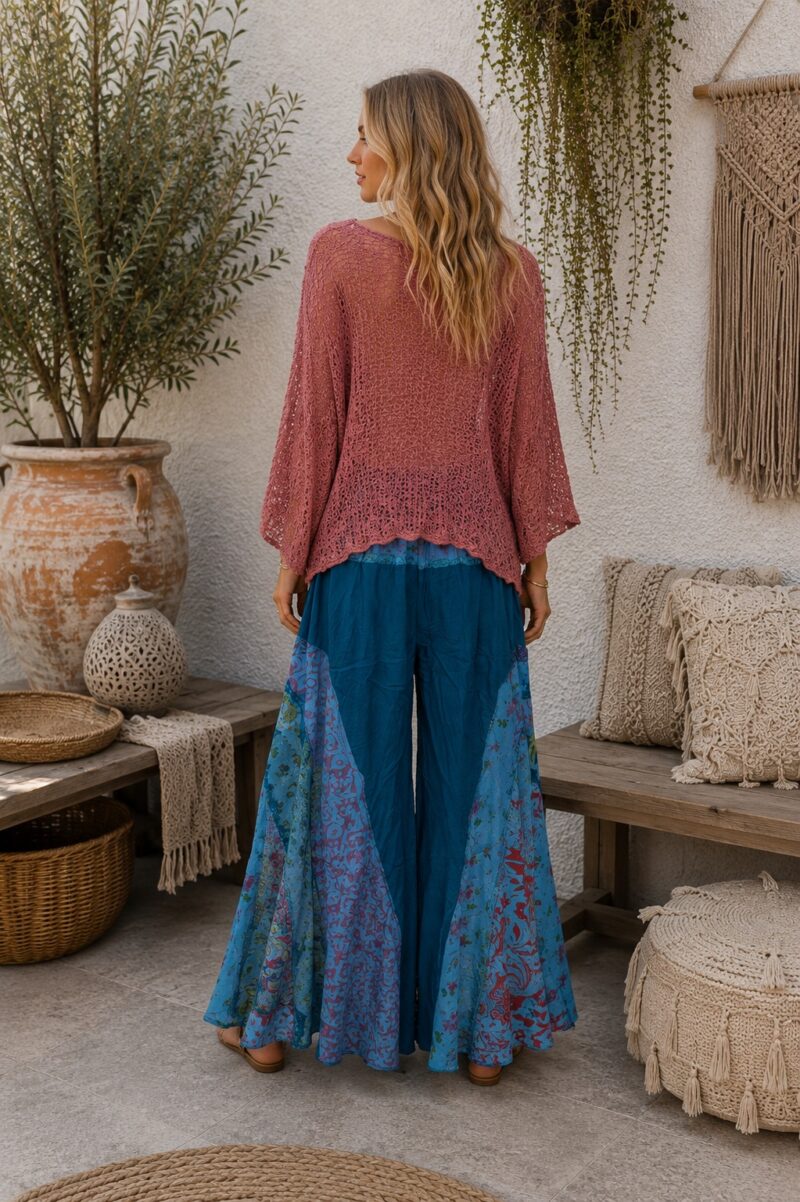 Boho Gypsy Raw Edge Patchwork Pants- Petrol Blue
