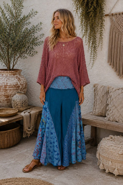 Boho Gypsy Raw Edge Patchwork Pants- Blue Petrol
