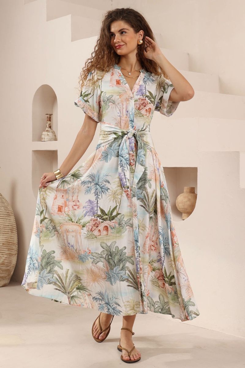 Azure Palm Maxi Tie Front Dress