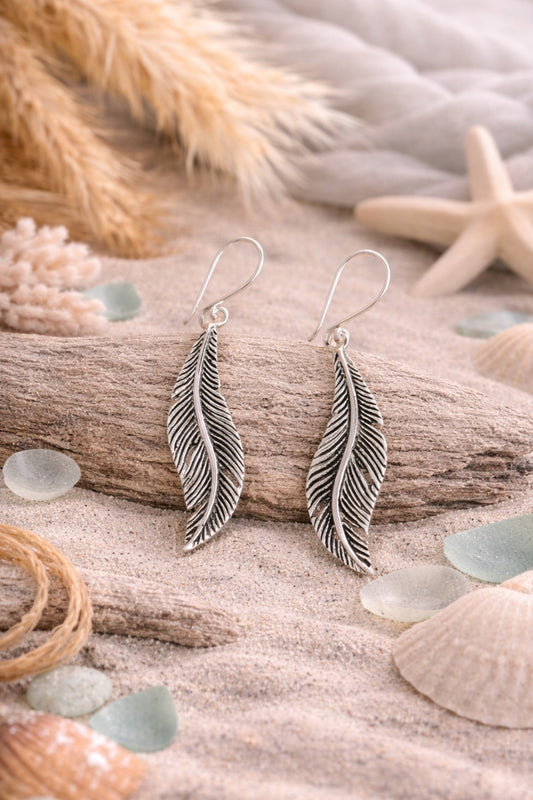 Silver Feather Drop Earrings