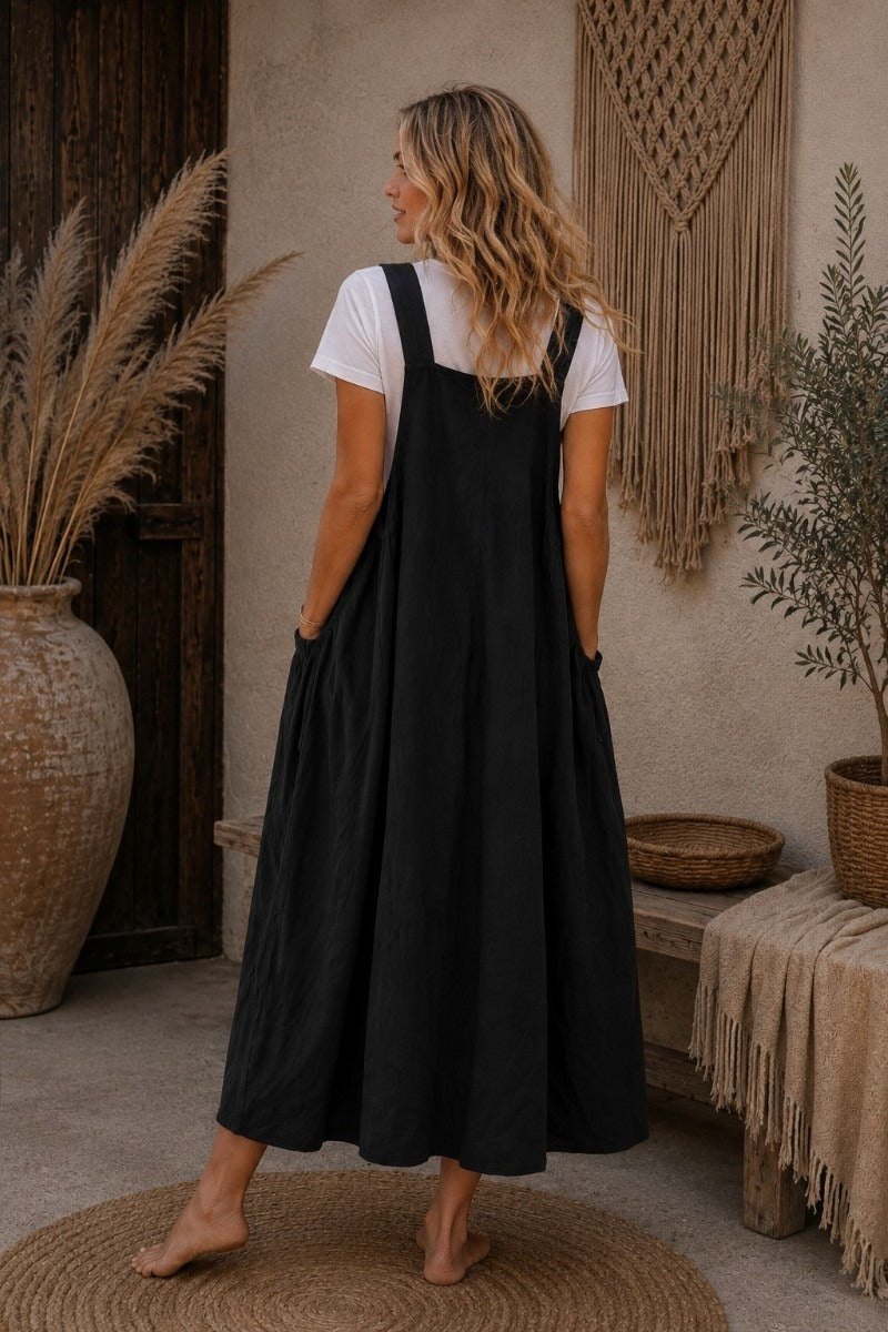 Nomad Wanderer Cotton Pinafore Dress: Black