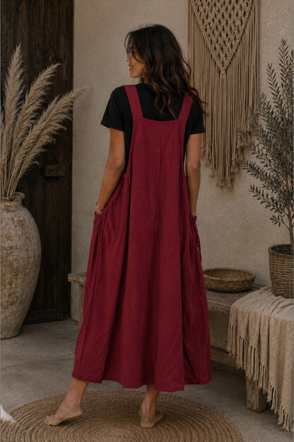 Nomad Wanderer Cotton Pinafore Dress: Deep Red