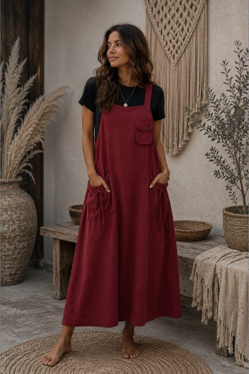 Nomad Wanderer Cotton Pinafore Dress: Deep Red