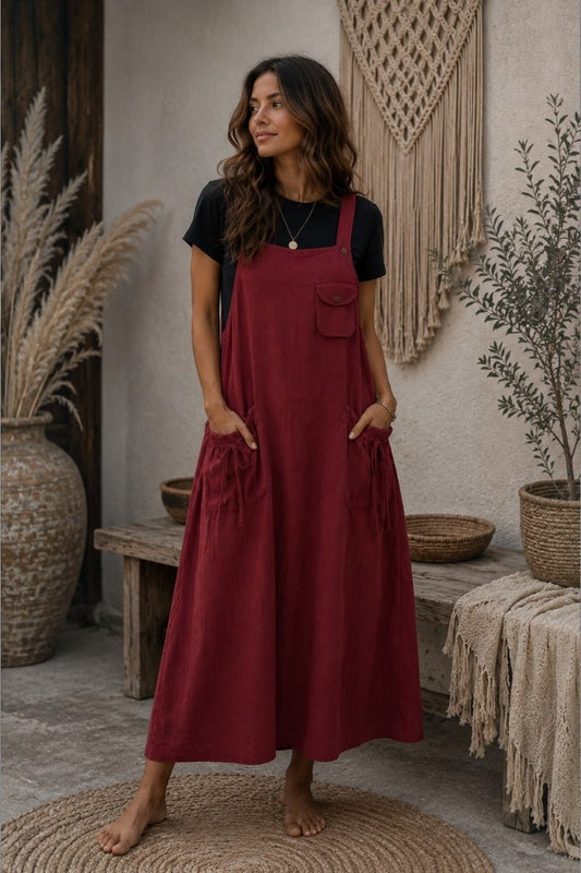 Nomad Wanderer Cotton Pinafore Dress: Deep Red