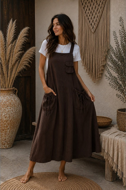 Nomad Wanderer Cotton Pinafore Dress: Chocolate