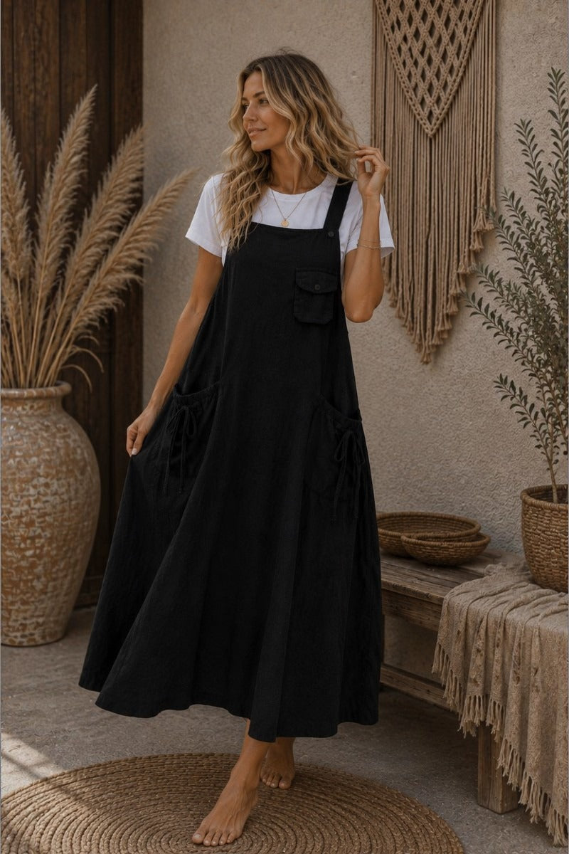Nomad Wanderer Cotton Pinafore Dress: Black