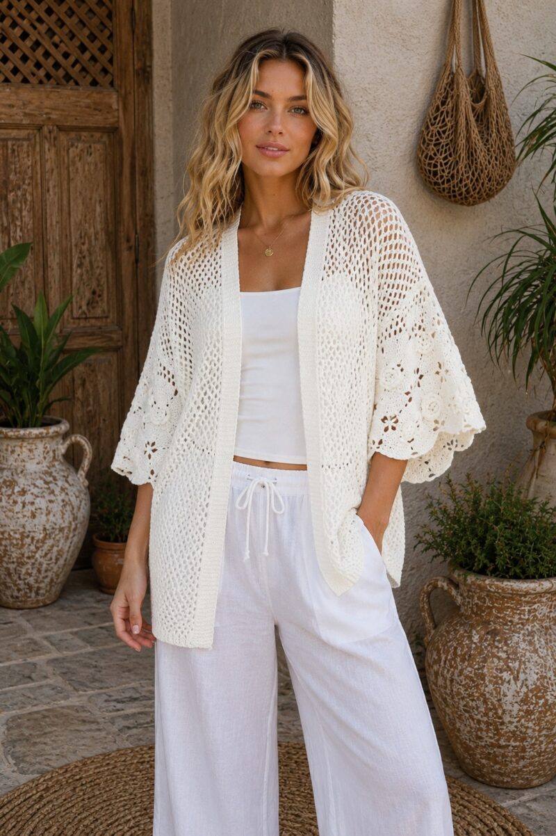 Ivory Crochet Knit Cardi