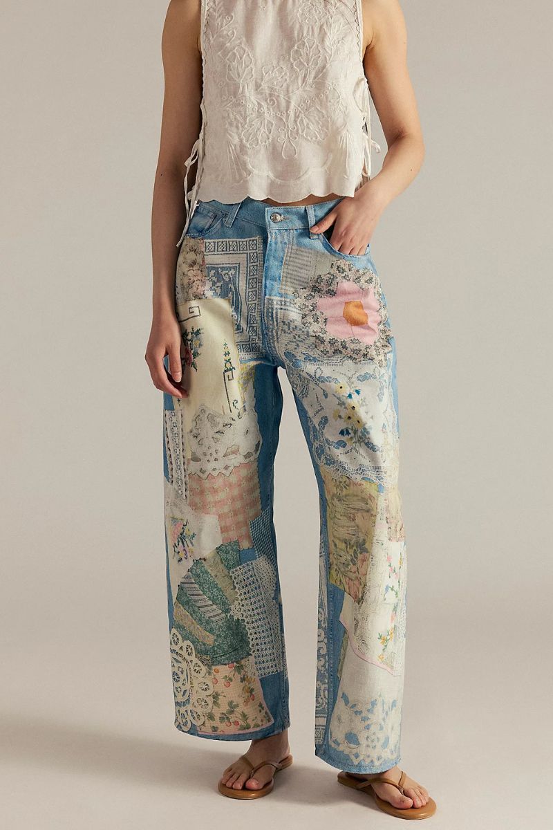 Vintage Patchwork Floral Denim Pants