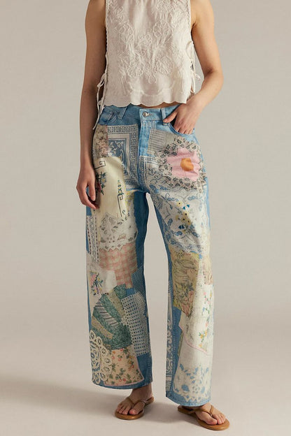 Vintage Patchwork Floral Denim Pants