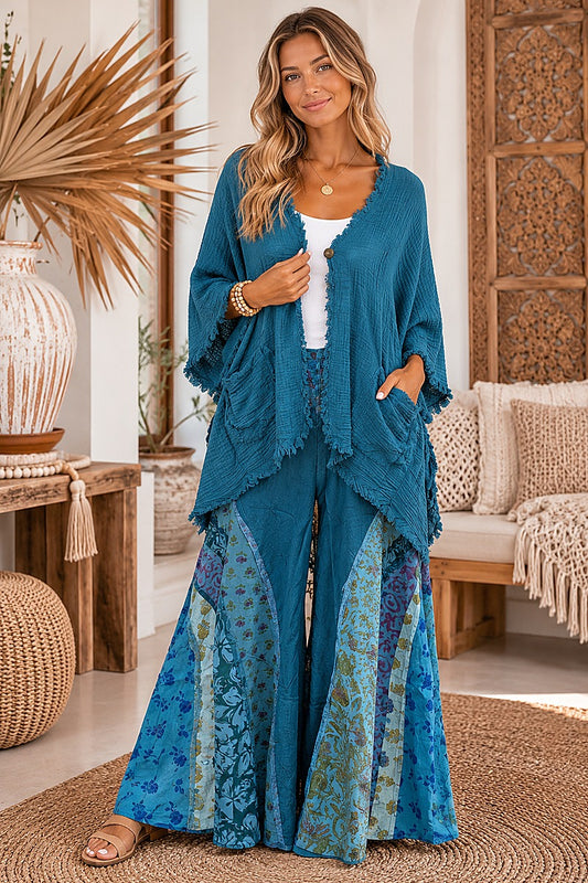 Boho Gypsy Raw Edge Patchwork Pants- Blue Petrol