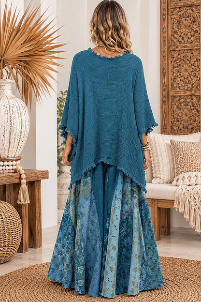Boho Gypsy Raw Edge Patchwork Pants- Blue Petrol