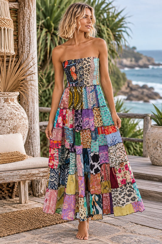 Gypsy Soul Patchwork Maxi Dress Bohemian Mosaic PWD5