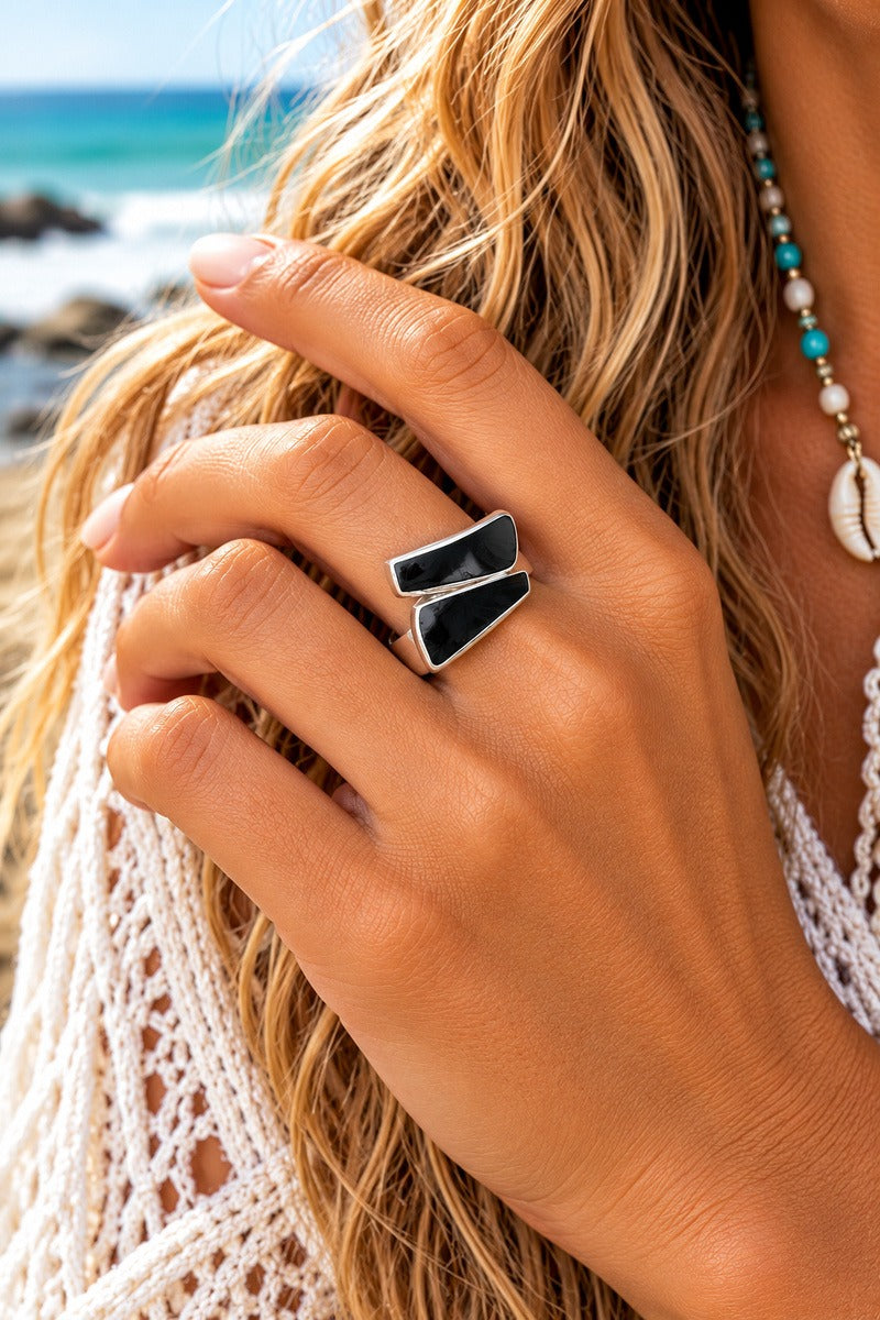 Black Reflections Silver Adjustable Ring