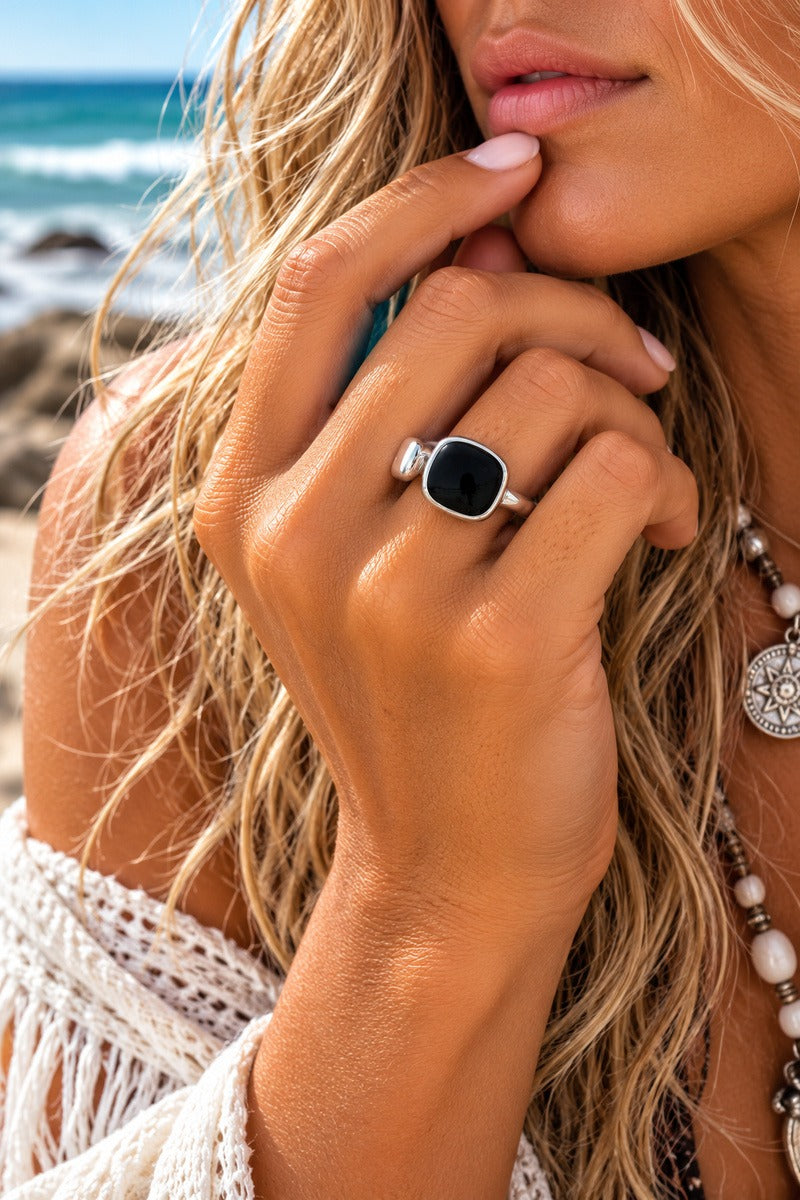 Coastal Soul Black Silver Adjustable Ring