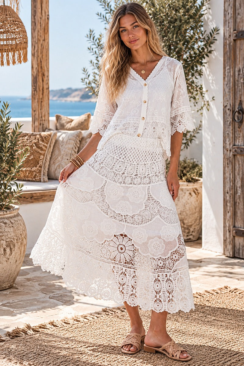 Bohemian Cotton Lace Maxi Skirt White