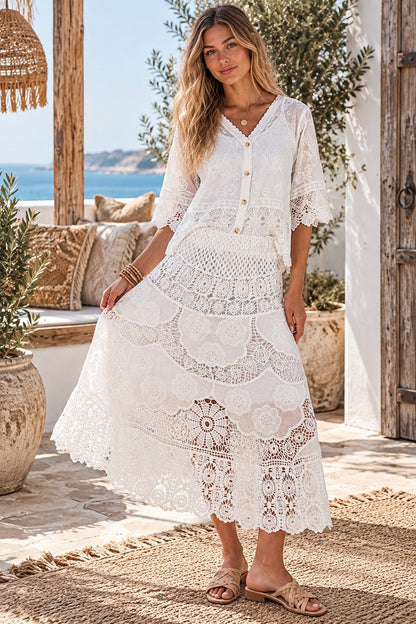 Bohemian Cotton Lace Maxi Skirt White