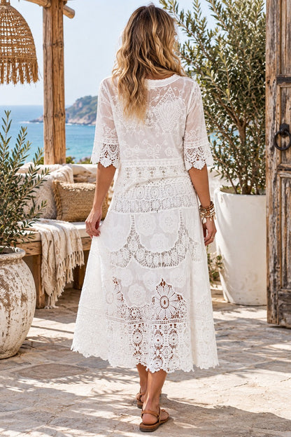 Bohemian Cotton Lace Maxi Skirt White