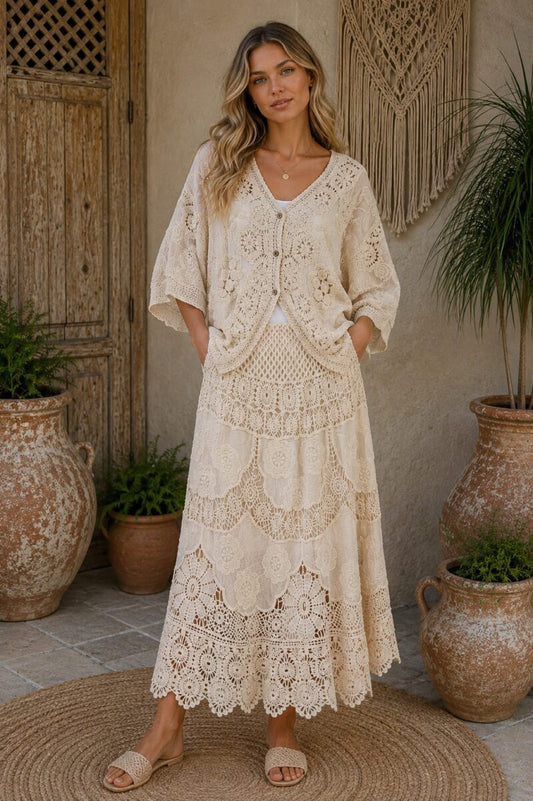 Bohemian Cotton Lace Maxi Skirt Natural