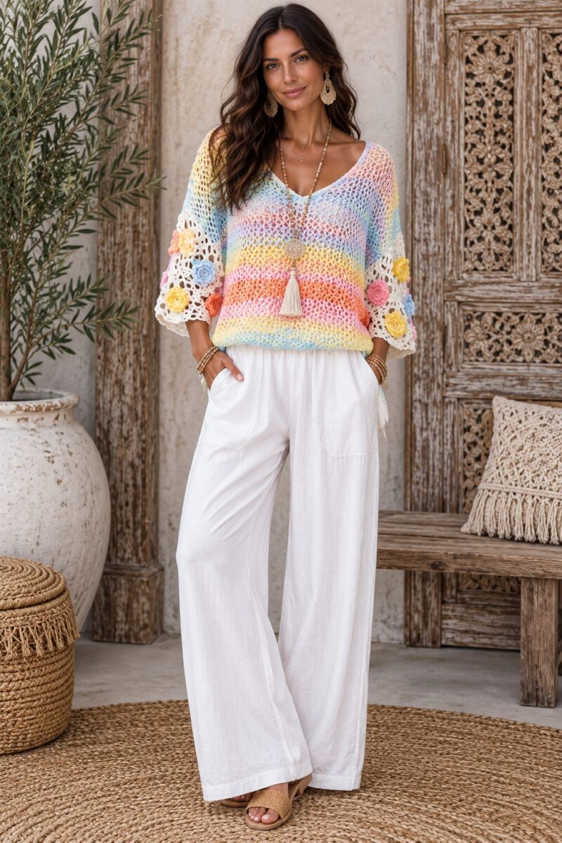 Pastel Bloom Crochet Knit Top