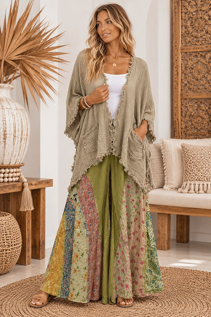 Boho Gypsy Raw Edge Patchwork Pants- Olive Green