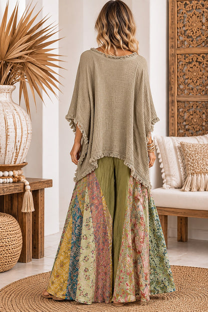Boho Gypsy Raw Edge Patchwork Pants- Olive Green