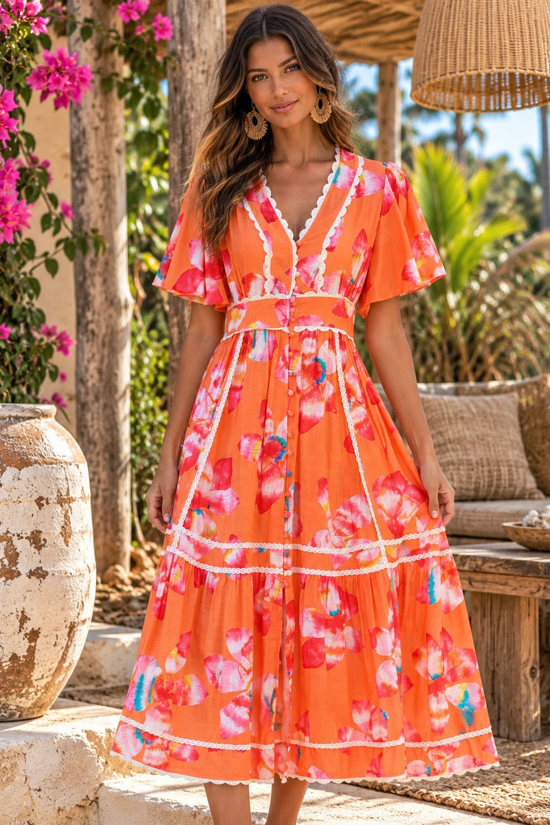 Sunset Bloom Floral Midi Dress – Orange