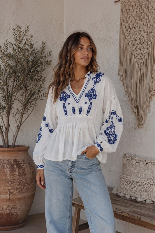 Santorini Breeze Cotton Blouse