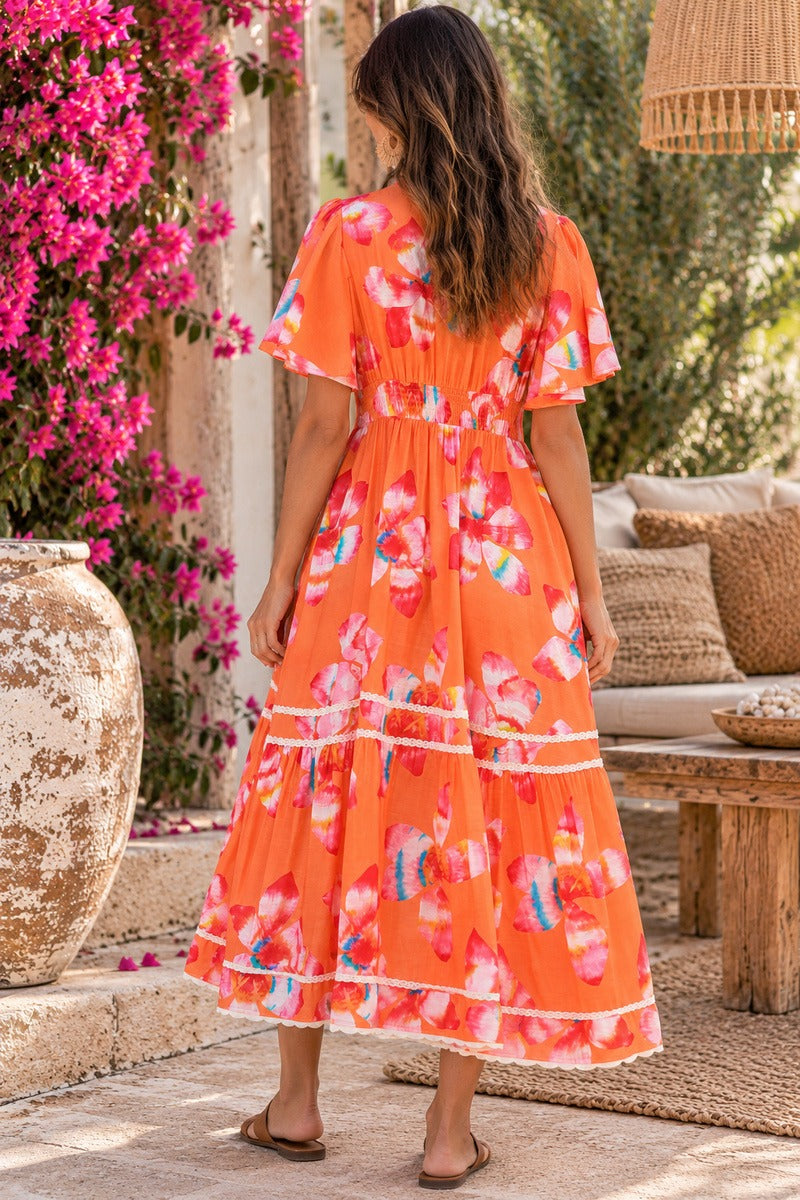 Sunset Bloom Floral Midi Dress – Orange