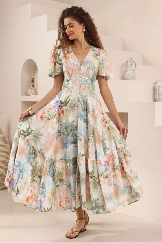 Azure Palm Sweetheart Maxi Dress