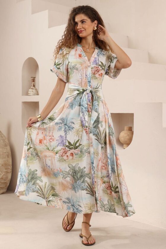 Azure Palm Maxi Tie Front Dress