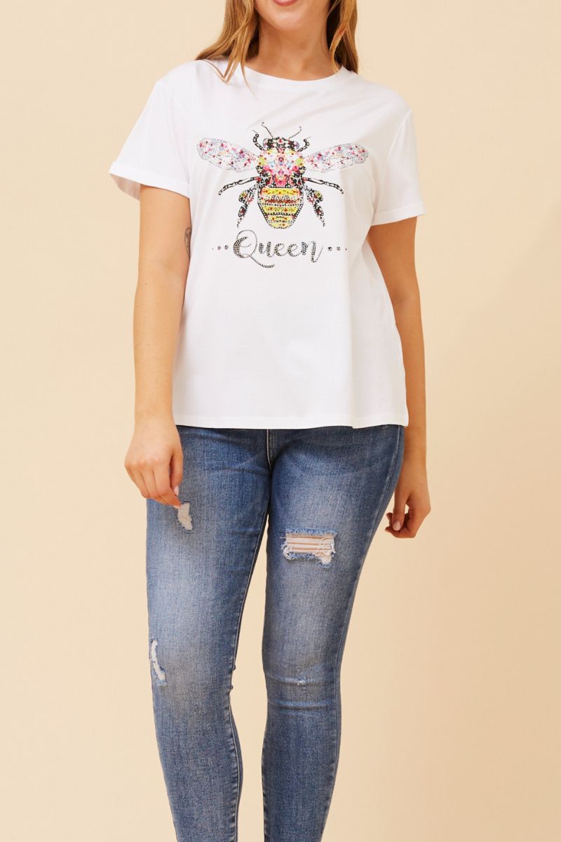 Queen Bee Beaded Tee White